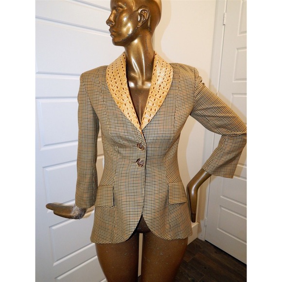 New Eric Schlosberg Brown Gingham Check Alligator Patent Trim Blazer sz 8‎ nwt - Picture 1 of 5